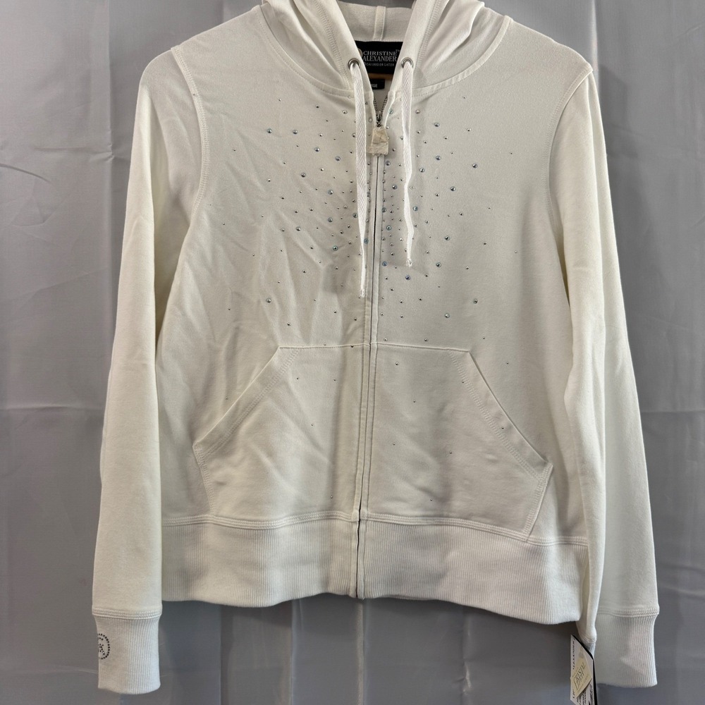 New Christine‎ Alexander Swarovski Crystals Studs Aurora White Hoodie L Full Zip